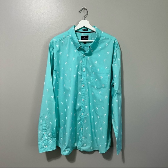 American Eagle Teal Blue Poplin Palm Tree Print Button Down Classic Fit Shirt - Picture 4 of 11